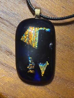 Artisan Blue Glass Pendant Necklace with Iridescent‎ Gold & Multiple Colors